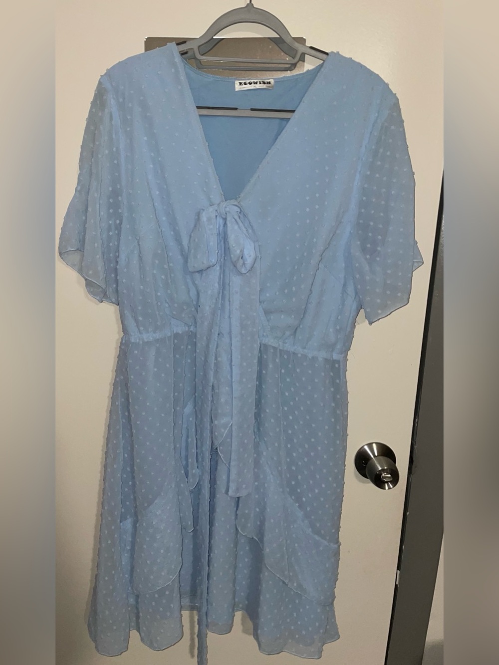 Light Blue Swiss Dot Dress by Ecowish, Big Bow Tie-Front, Layers Womens size XL